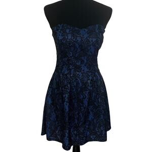 Charlotte Russe Blue and Black Sequin Lace Floral Strapless Dress